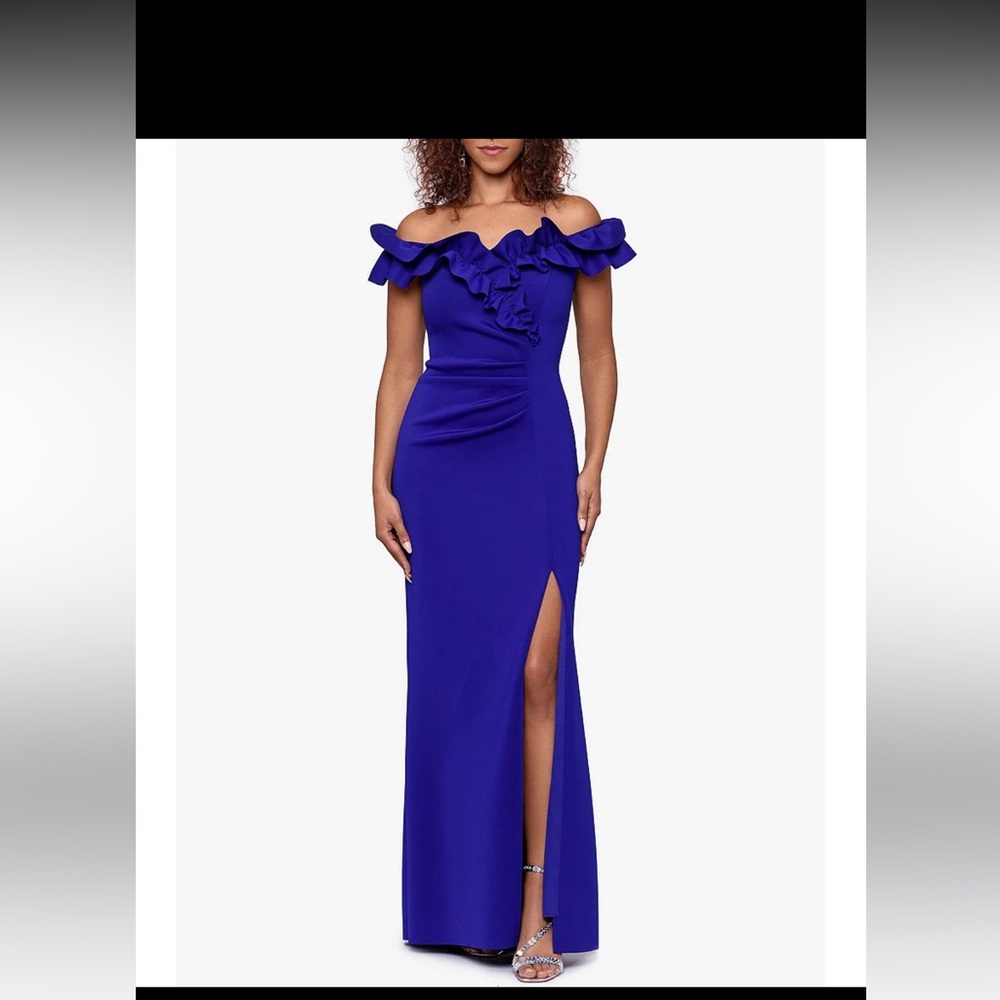 NWT Xscape stretch ruffle off the shoulder gown size 12
